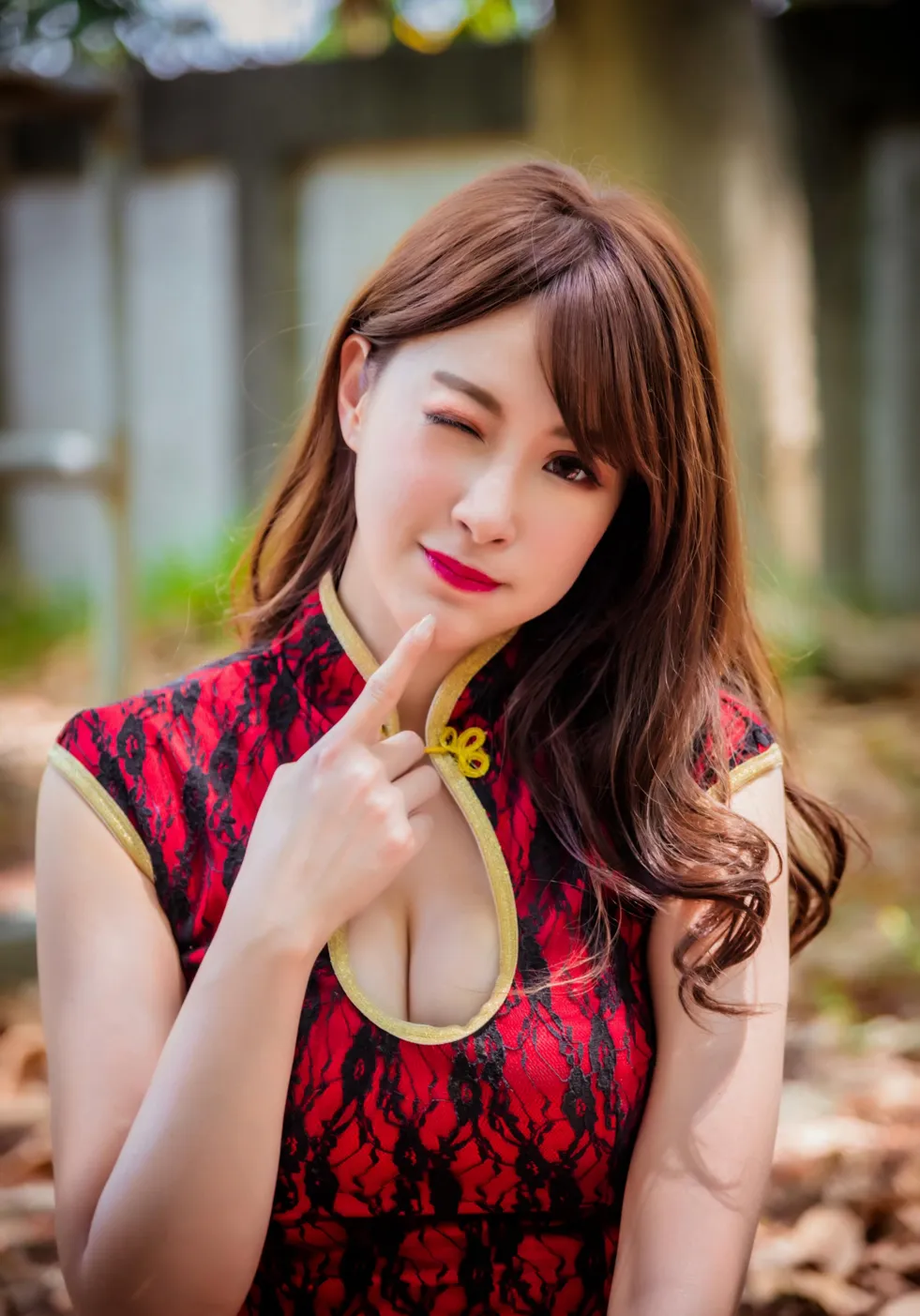 [Mzsock] NO.177 Wu Yuqi Red Flower Short Cheongsam High Heels Beautiful Legs street photography#[105P]-3