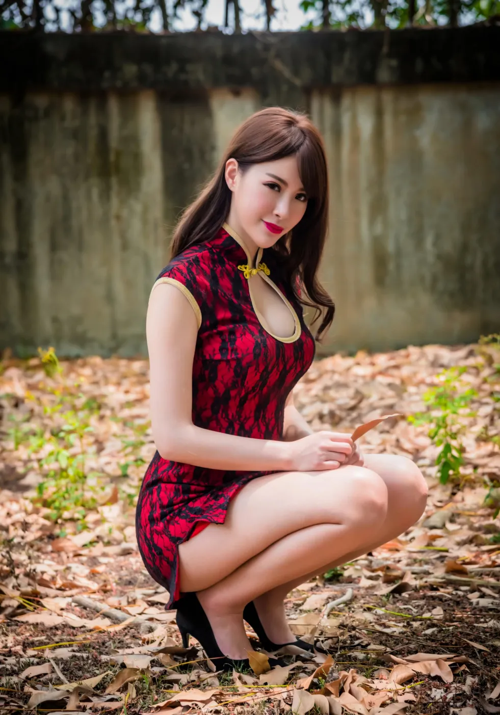 [Mzsock] NO.177 Wu Yuqi Red Flower Short Cheongsam High Heels Beautiful Legs street photography#[105P]-3